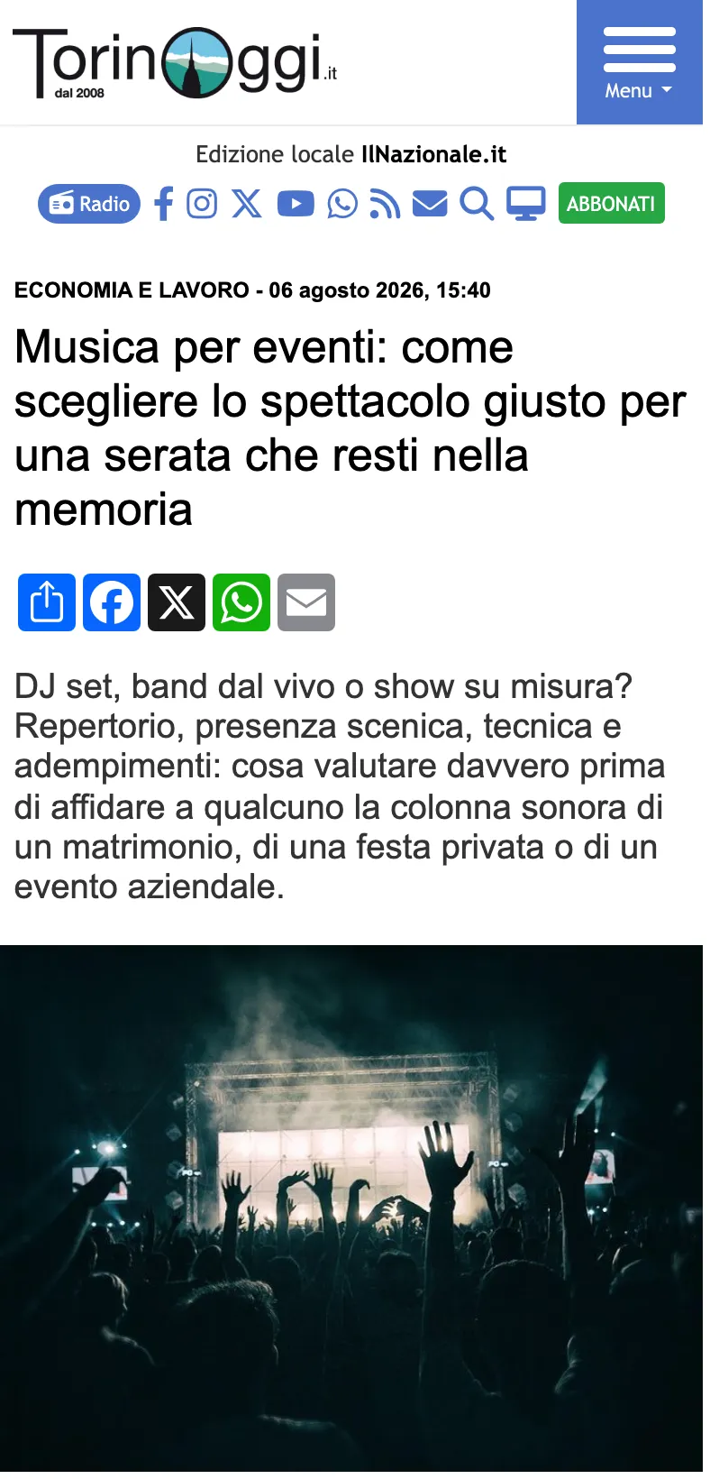 Schermata dell'articolo «Musica per eventi: come scegliere lo spettacolo giusto per una serata che resti nella memoria» su Torino Oggi, 6 agosto 2026