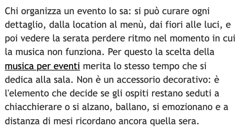 Il capoverso dell'articolo in cui le parole «musica per eventi» sono un link al sito del cliente